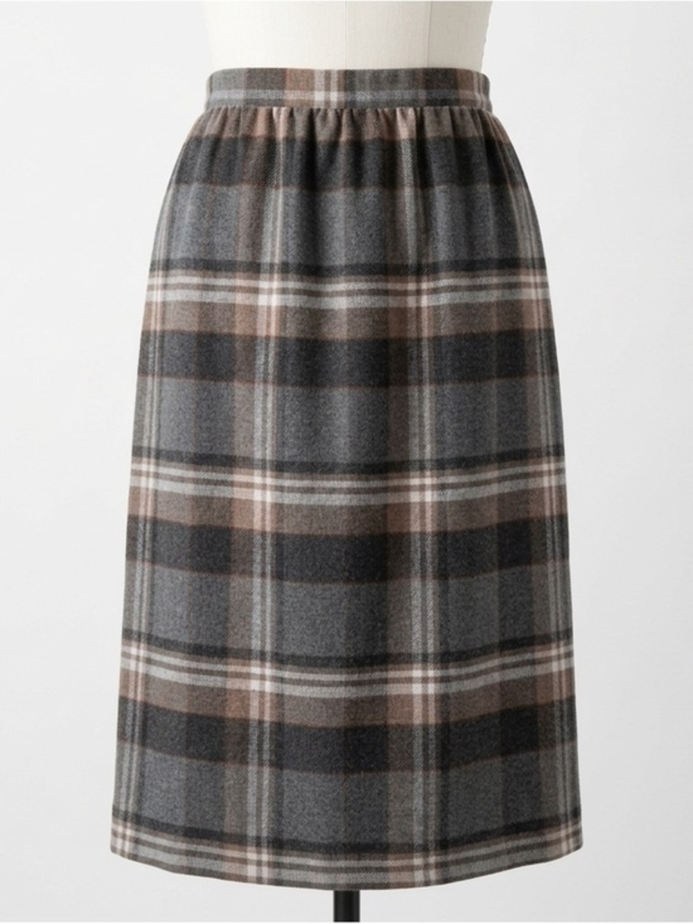 Vintage 80s Wool Blend Gray Tan Heritage Plaid A-Line Skirt Made in Japan Sz 14